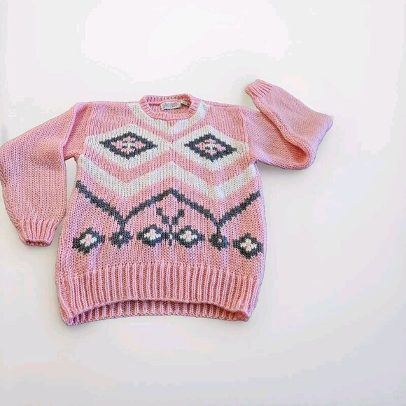 Gad-Abouts Sweater Women L Pink Gray White LS Crewneck Tribal Handknit Y2K VTG - Picture 9 of 13